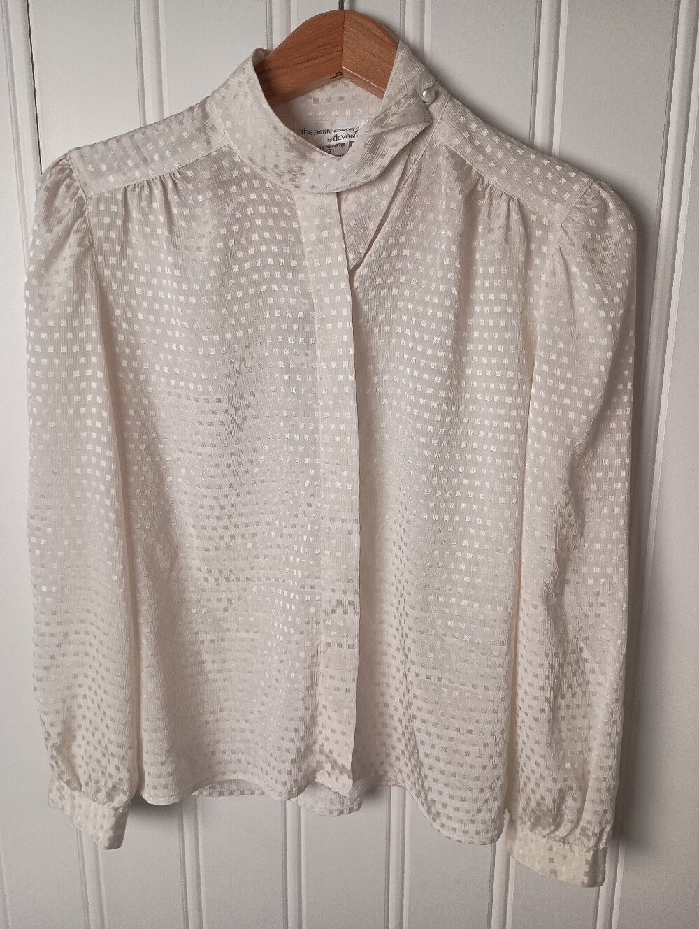 Vintage 70s Devon- Ivory Textured Swiss Dot Blouse with Neck Tie- Size 8